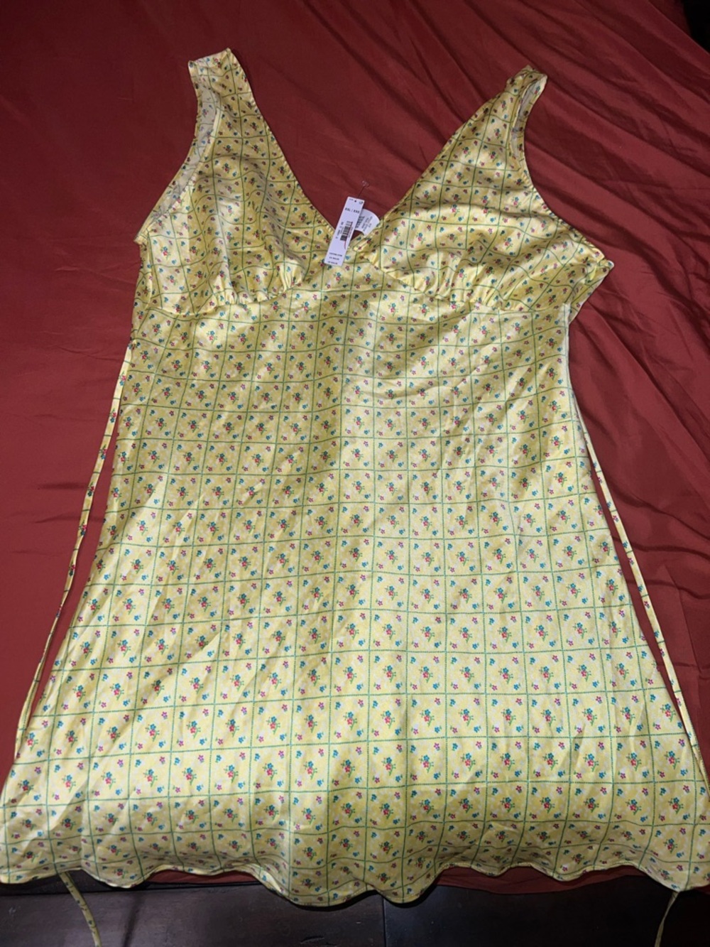 PINK Victoria's Secret Yellow Floral Satin Chemise with Grid Print